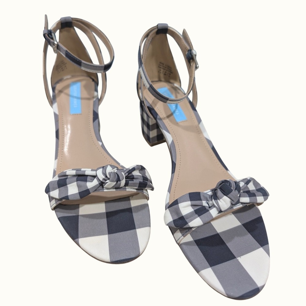 Draper James Preston Navy‎ Gingham Block Heel Sandals Bow Ankle Strap 7.5 NIB
